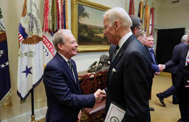 Norman Houston, who represented the Northern Ireland Executive in the US, pictured in Washington with then Vice President Joe Biden in March 2016.

Photo by Kelvin Boyes / Press Eye