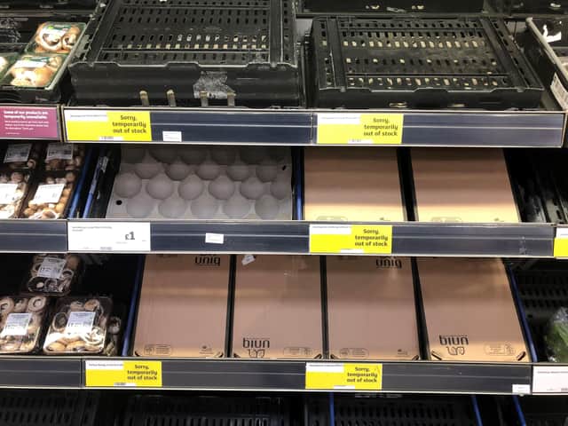 Empty shelves at Sainsbury’s store in Bangor this week. Unionist Brexiteer denial about Boris Johnson’s betrayal over the Irish Sea border is ending as the problems become stark