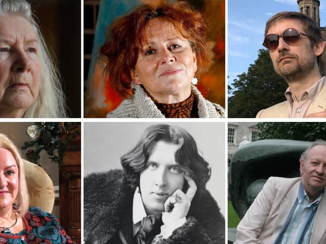 Top row (l-r) Poet Medbh McGuckian, artist Rita Duffy, musician Neil Hannon. Bottow row (l-r) Author Lynne Graham, Oscar Wilde, Derek Mahon