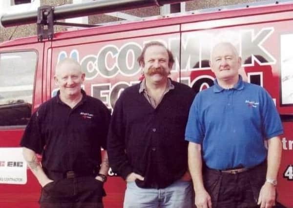 Wilson McCormick (left) with a younger Dick Strawbridge and his uncle Ross McCormick, a former McCormick Electrical worker. At the time Wilson used to carry out work for Dick’s parents in Ballyclare.