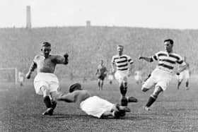 The fatal strike. Goalkeeper Johnny Thomson dives for the ball as Sam English prepares to shoot. A split second later, Thomson's head came in contact with English's knee