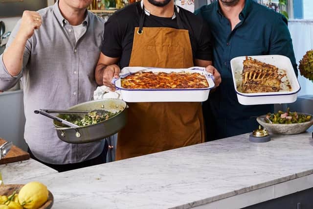 Jamie Oliver, Amir Khan and Jimmy Doherty cook together on Friday Night Feast