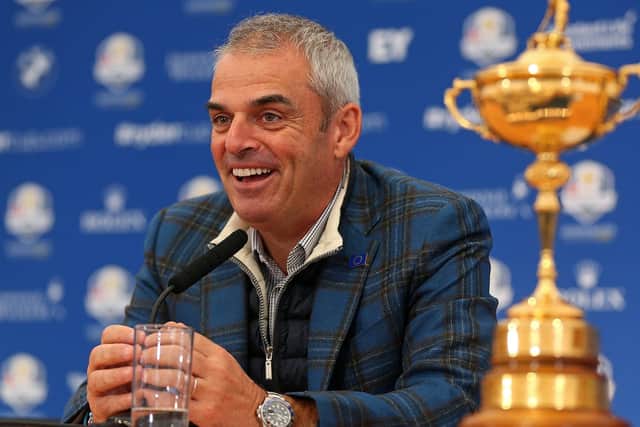 AUCHTERARDER, SCOTLAND - SEPTEMBER 29: Paul McGinley, the victorious European Ryder Cup team captain, speaks with members of the media at Gleneagles on September 29, 2014 in Auchterarder, Scotland. (Photo by Mike Ehrmann/Getty Images).