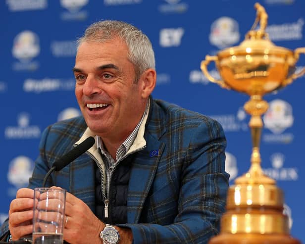 AUCHTERARDER, SCOTLAND - SEPTEMBER 29:  Paul McGinley, the victorious European Ryder Cup team captain, speaks with members of the media at Gleneagles on September 29, 2014 in Auchterarder, Scotland.  (Photo by Mike Ehrmann/Getty Images).