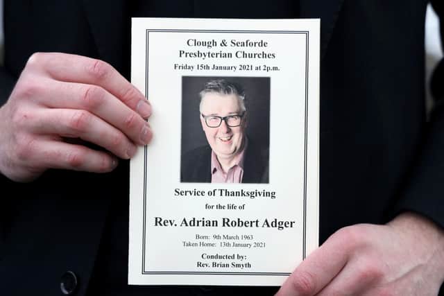 Order of Service for for funeral of Rev Adrian Adger at Clough Presbyterian Church. Photo: Pacemaker Press