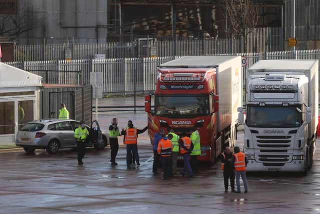 Lorries at the DEARA site checking point near Belfast Port