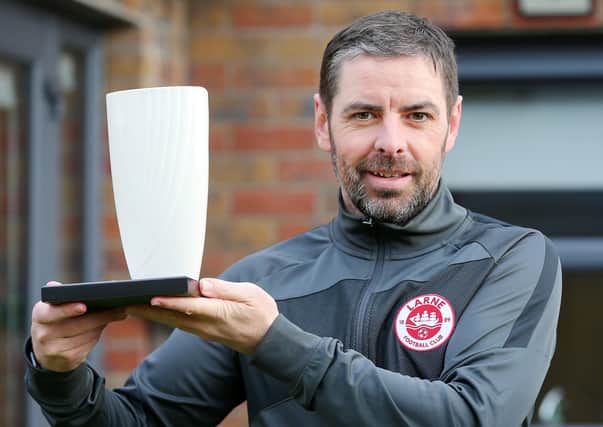 Larne manger Tiernan Lynch with his NIFWA Manager of the Month award for December. Pic by PressEye Ltd.