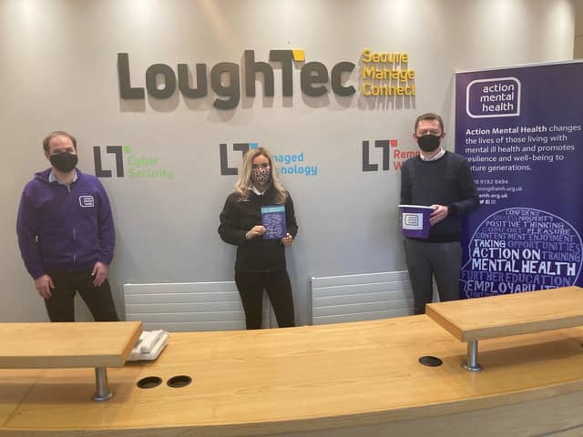Action Mental Health’s Fundraising and Communications Manager Jonathan Smyth with LoughTec, represented by Natasha McKenna, Service Desk Engineer and Cahir McKenney, LoughTec Marketing Executive