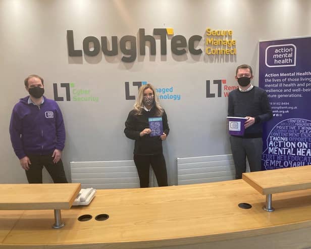 Action Mental Health’s Fundraising and Communications Manager Jonathan Smyth with LoughTec, represented by Natasha McKenna, Service Desk Engineer and Cahir McKenney, LoughTec Marketing Executive