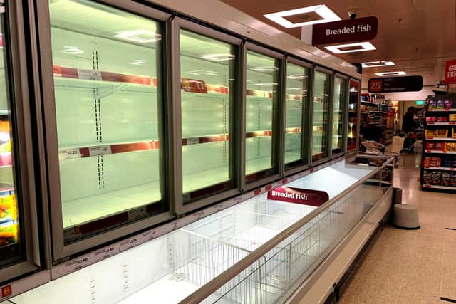 Fruit-and-veg are just one kind of foodstuff which has disappeared from shelves in recent weeks, like in this Sainsbury’s frozen fish section last Wednesday