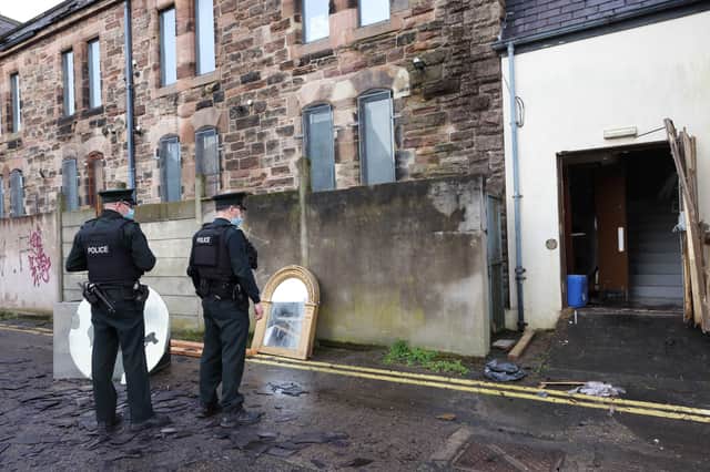 Police on the scene of the fire in south Belfast on Friday. Photo Stephen Davison/Pacemaker Press