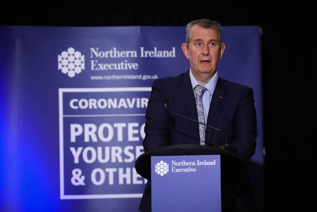 Edwin Poots at a Stormont press conference in 2020