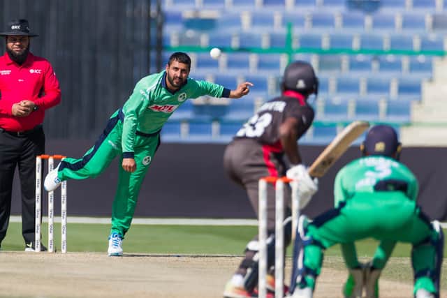 Ireland’s Simi Singh picked up five wickets against United Arab Emirates. Pic by Ian Roman.