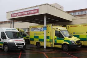 Ambulances outside the emergency department entrance of Craigavon Area Hospital.
