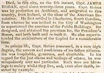 Obituary Notice for James Hoban, in the National Intelligencer. 9 December 1831