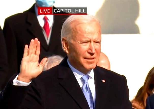 Joe Biden being sworn in as president (still from BBC live feed)