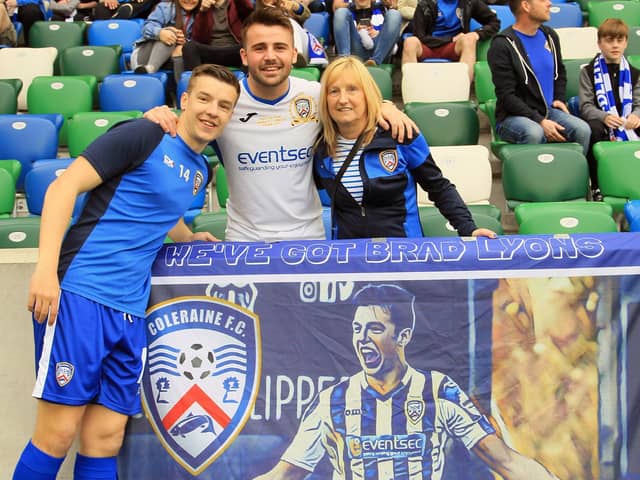 Brad Lyons with his mother Shirley and brother Mark at the 2018 Irish Cup final