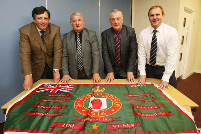 The Loyalist Communities Council as it was constituted in 2016 unveiling a new flag to mark the centenary of the Battle of the Somme. Pictured from left, at the launch, David Campbell, Jim Wilson, Jackie McDonald and Winston Irvine.
Picture By: Pacemaker Press.