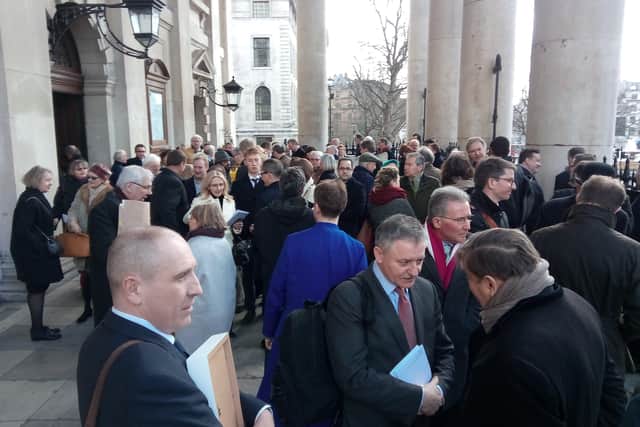Congregants after the memorial service to the former IRA terrorist Sean O'Callaghan at St Martin in the Fields in central London, in March 2018. Ruth Dudley Edwards writes: "He was grateful that so many Ulster Protestants accepted his repentance as genuine and befriended him. David Trimble and Arlene Foster were among many unionists at his memorial service"