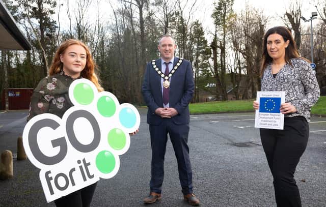 Francine, Councillor Cathal Mallaghan, Chair of Mid Ulster District Council and Shauna Rooney, Business Advisor at Cookstown Enterprise Centre