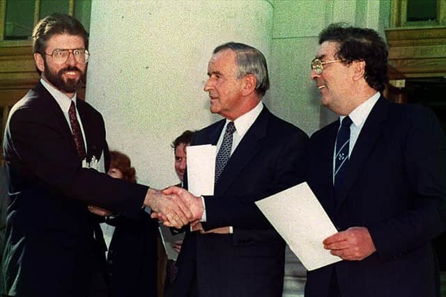 Gerry Adams, Taoiseach Albert Reynolds and John Hume in Dublin in September 1994 shortly after the IRA ceasefire. Peter Robinson says: "Claire Hanna’s party gentrified the republican movement and joined it in a pan-nationalist front"
