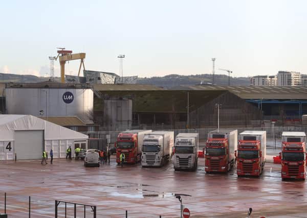 Lorries await checks at Belfast harbour this month. The biggest disaster for unionists has been Boris Johnson’s new Irish Sea border. On Friday it got worse: the army will have to fill out EU forms and give 15 days notice of moving equipment to Northern Ireland. Then suddenly Brussels over played its hand over vaccines
