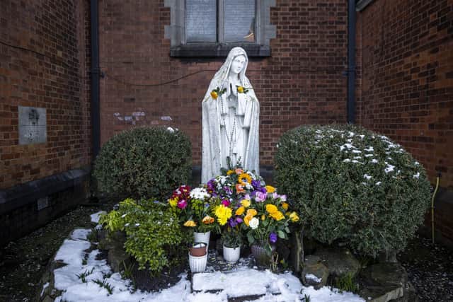 Statue of Our Lay Mary outside the Good Shepherd Catholic Church on the Ormeau Road in Belfast which shared the site with Magdalene Asylum ran by Roman Catholic Good Shepherd Sisters from 1867, with the Laundry closing in 1977.