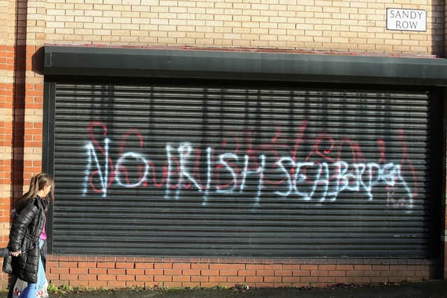 Anti Irish Sea border graffiti on Sandy Row in south Belfast.  The Irish Sea border was introduced for trade between Northern Ireland and the rest of the UK as a result of Brexit. (Photo: Jonathan Porter/PressEye)