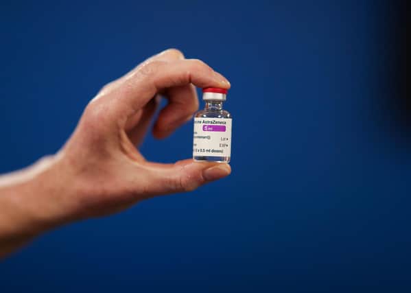 A vial of the Oxford/AstraZeneca coronavirus vaccine at Pentlands Medical Centre in Edinburgh, Scotland, as the government continues to ramp up the vaccination programme against Covid-19.
