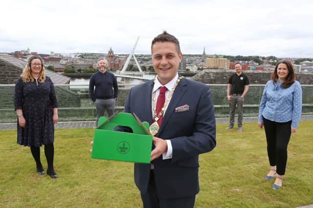 July 2020: The Deputy Mayor of Derry and Strabane District Council, Alderman Graham Warke, launching the new Legenderry Food Brand with Selina Horshi (White Horse Hotel), vice-chair, Legenderry Food Network, Conor Doherty (Sippy Fest), James Huey (Walled City Brewery), chair, Legenderry Food Network, and Catherine Goligher, Acting Tourism manager, Derry City and Strabane District Council.