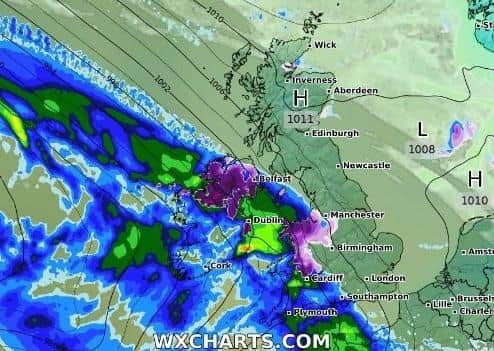 The purple coloured section above Northern Ireland denotes snowfall that is forecast for Sunday.
