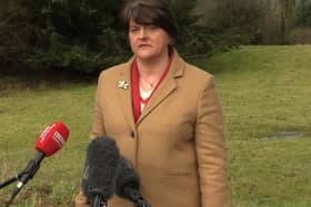 First Minister Arlene Foster briefs the media near her home in Fermanagh on Friday afternoon.