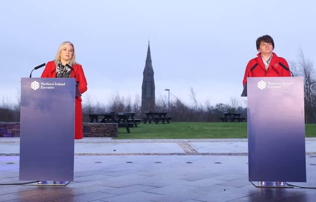 First Minister Arlene Foster and deputy First Minister Michelle O'Neill are divided over the protocol