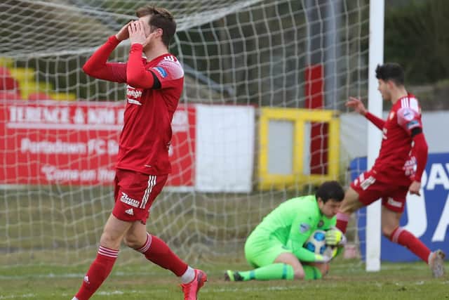Frustration on Saturday for Sam Warde and his Portadown team-mates against Warrenpoint Town. Pic by Pacemaker.