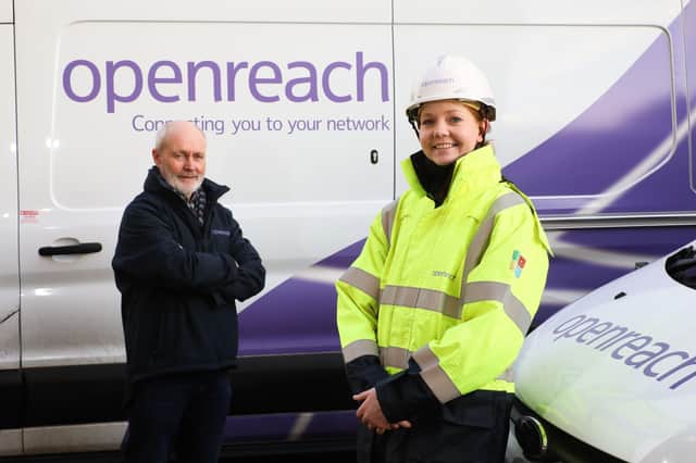 Maurice King, long servicing engineer, and Leanne Watson, Openreach's 100th apprentice this year