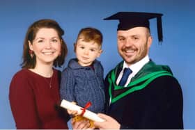 Chris McConnaghie, winner of the Dayle Smyth Endeavour Award, who was awarded a Foundation Degree in Electrical and Electronic Engineering with Distinction at NRC#s annual Higher Education graduation ceremony, pictured with his wife Holly and son Henry.