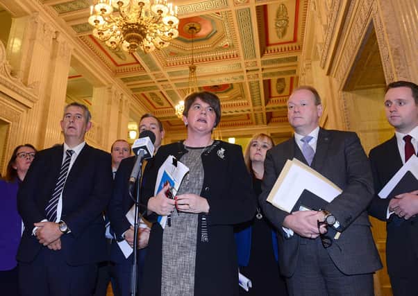 Arlene Foster with DUP MLAs. Why did the party vote to bring 45 EU laws into effect in NI? Why did DUP MLAs not demand that Edwin Poots cease operating the border customs posts?