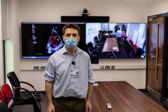 Pictured is Dr Brian McCrossan, Paediatric Cardiologist at Clark Clinic with HSL’s Telehealth videoconferencing technology