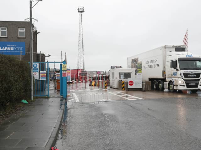 PACEMAKER, BELFAST, 2/2/2021: Trucks arrive at Larne port in Co. Antrim this morning on a ferry from Scotland. PSNI officers are now patrolling the port area after local authority workers were withdrawn from duty at the facility following threats.
PICTURE BY STEPHEN DAVISON