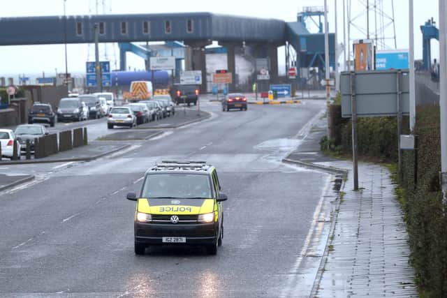 PACEMAKER, BELFAST, 2/2/2021: PSNI officers patrol Larne port in Co. Antrim this morning after local authority workers were withdrawn from duty at the facility following threats.
PICTURE BY STEPHEN DAVISON