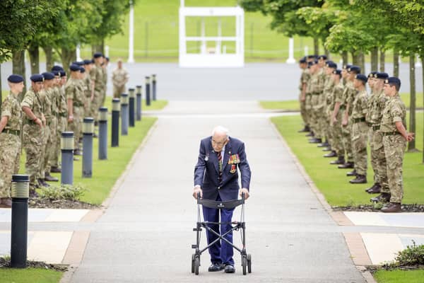 Captain Sir Tom Moore walking down a guard of honour during a visit to the Army Foundation College in Harrogate, North Yorkshire as part of his new role as Honorary Colonel of the Northern military training establishment.