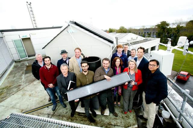 Senergy Innovations CEO Christine Boyle with Dr Aggelos Zacharopoulos and staff from the Centre of Sustainable Technologies at Ulster University, with board members from CASE, the Centre of Sustainable Energy, based at Queen’s University, Belfast. CASE are funded by Invest Northern Ireland and they supported the Senergy test platform and performance monitoring of early prototype panels