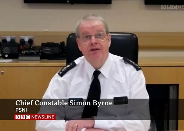 Simon Byrne, after a remote meeting of the Policing Board. on Thursday. By criticising political rhetoric around the Irish Sea border, the PSNI chief constable risked appearing to condemn robust denunciations of the disastrous new barrier