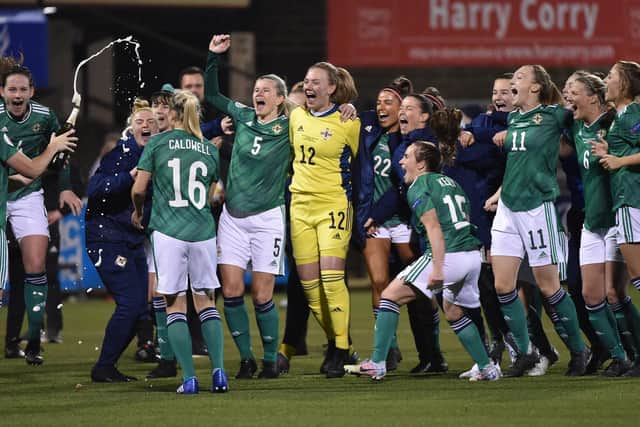 The Northern Ireland Women's team celebrate reaching the EURO 2022 play-offs