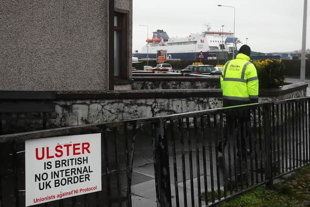 An anti-Brexit sign near the entrance to Larne Port. (Photo: Brian Lawless/PA Wire)