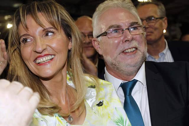 Martina Anderson celebrates with her husband Paul Kavanagh at the European Election count at the King's Hall in Belfast in 2020.