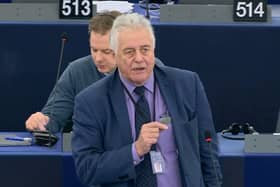 Jim Nicholson, then an Ulster Unionist MEP, speaking in Strasbourg on March 27 2019, one of his last times in the chamber after 30 years in the European Parliament