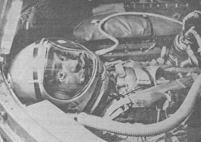 Commander Alan Shepard, the United States astronaut, is photographed lying in his space capsule, Freedom 7, waiting for the blast-off in May 1961. This was a special "radio picture" which had been sent to the News Letter's office on the day that Commander Shepard had gone into space, hot on the heels of the Soviet Union's cosmonaut Yuri Gagarin (Gagarin went to space on April 12, 1961 while Shepard went into space on May 5, 1961).