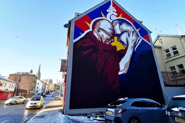 The mural at Great James’ Street, Londonderry depicting Richard Moore with the Dalai Lama