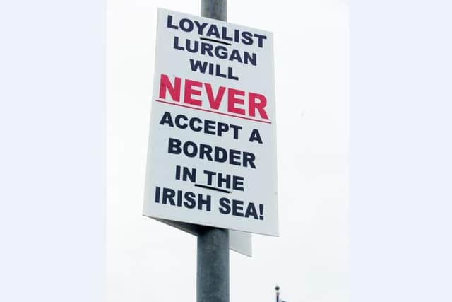 Anti Irish Sea border placard in Lurgan, Co. Armagh.  The Irish Sea border was introduced between Northern Ireland and the rest of the UK following the introduction of Brexit at the start of this year.  The border, which has custom checks, has affected trade over the last number of weeks between the two jurisdictions. Picture by Jonathan Porter/PressEye